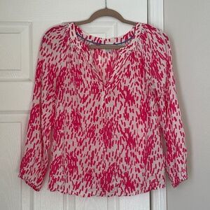 Boden Popover V Neck Tunic Pink White Viscose Petite 4P Geometric Abstract Work